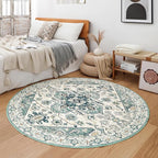 VK VK·LIVING Round Washable Rug 5'Ft Vintage Machine Washable Area Rugs with Non Slip Round Rugs for Living Room Bedroom Traditional Woven Carpet Stain Resistant Dining Office Boho Rug,Green&Beige