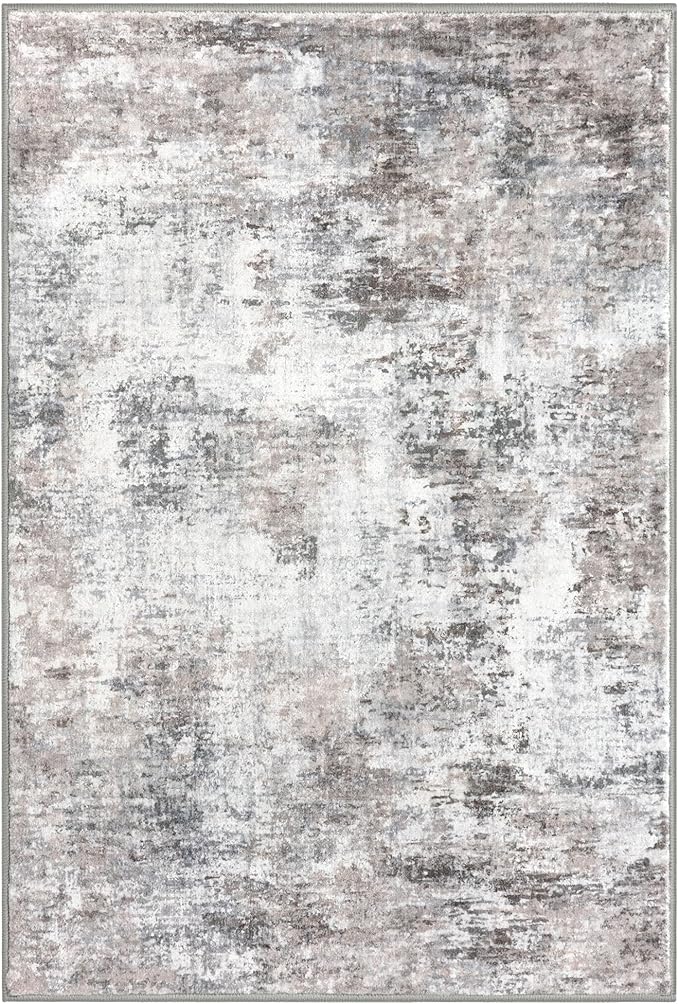 Modern Abstract Small Area Rug Indoor 3x5 Washable Rug Non-Slip Soft Beige Grey Neutral Entryway Rug Kitchen Mats Thin Print Faux Wool Floor Carpet Throw Rugs for Entrance Bedroom Home Decor