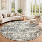 8ft Washable Round Rug - 8x8 Area Rugs Modern Abstract Rugs for Living Room Non-Slip Low Pile Soft Machine Washable Carpet for Bedroom, Living Room, Dining Room, Nursery, Farmhouse (8'x8' Tan Blue)