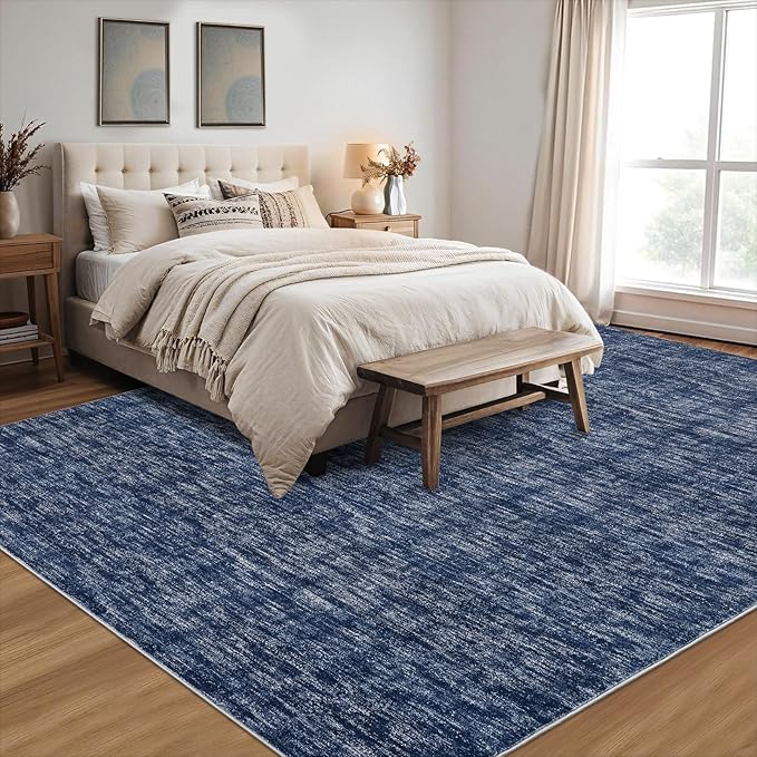 RUGSREAL Living Room Area Rug 10x13 Modern Solid Color Large Bedroom Rug with Rubber Backing Stain Resistant Low Pile Dining Room Throw Carpet Contemporary Washable Rug for Home Decor Office, Blue