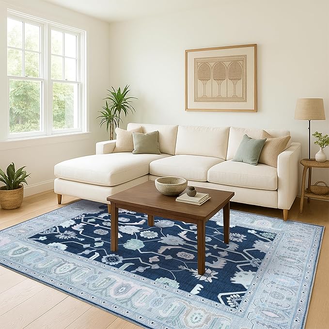 Fame Living Navy Blue Oushak Rug, Modern, Vintage, Turkish, Eclectic, Floral, Pastel, Washable, Oversized, Extra Large Area Rugs for Living Room, Dining, Bedroom, Lounge 9'5"x14'
