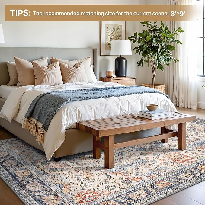 Bavni Area Rug 3x5, Non-Slip Washable Rugs for Living Room Office, Boho Distressed Printed Rug, Low Pile Foldable Decorative Carpet for Bedroom Kitchen Office, Teal/Multi