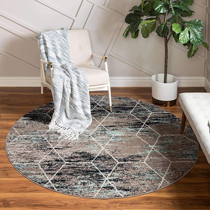 Unique Loom Trellis Frieze Collection Area Rug - Geometric (7' Round, Blue Multi/ Ivory)