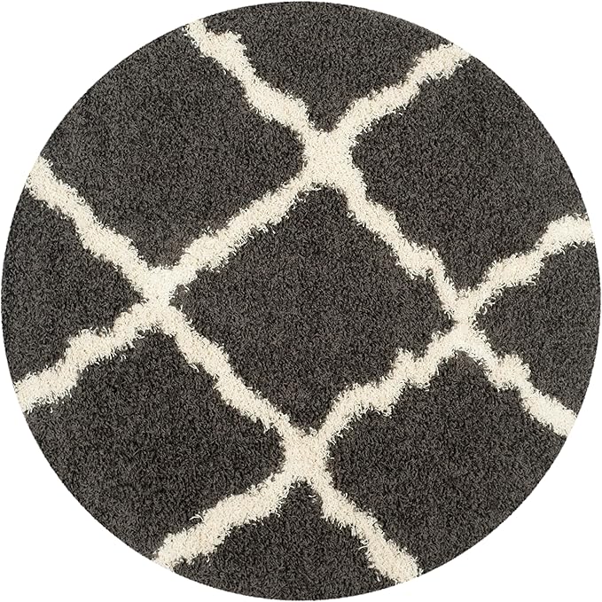 SAFAVIEH Dallas Shag Collection Area Rug - 6' Round, Dark Grey & Ivory, Trellis Design, Non-Shedding & Easy Care, 1.5-inch Thick Ideal for High Traffic Areas in Living Room, Bedroom (SGD257A)