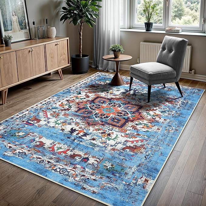 GLN Rugs Traditional Collection - Machine Washable Area Rug, Traditional Washable, Non Slip, Low Pile Chenille Rug, Living Room, Bedroom, Kitchen Rug (6' x 9' Blue/Multicolor)