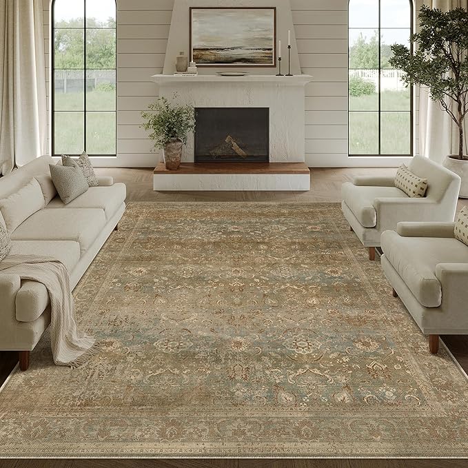 Vintage Area Rug 9x12 Washable Brown Living Room Carpet Large Indoor Non Slip Bedroom Low Pile Kitchen Distressed Retro Accent Throw Rug for Dining Room