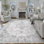 HUGEAR Area Rug 6x9 Vintage Grey Machine Washable Living Room Rugs Thin Neutral Floral Vacuumable Low Pile Carpet Bedroom Office Dining Room Laundry Room Non Slip Soft Lightweight