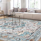 WILLSUN Washable Area Rugs, 8x10 Non-Slip Boho Large Area Rugs for Living Room, Bedroom, Machine Washable Vintage Rug, Indoor Floral Print Carpet for Home Decor, Kid & Pet Friendly Mat