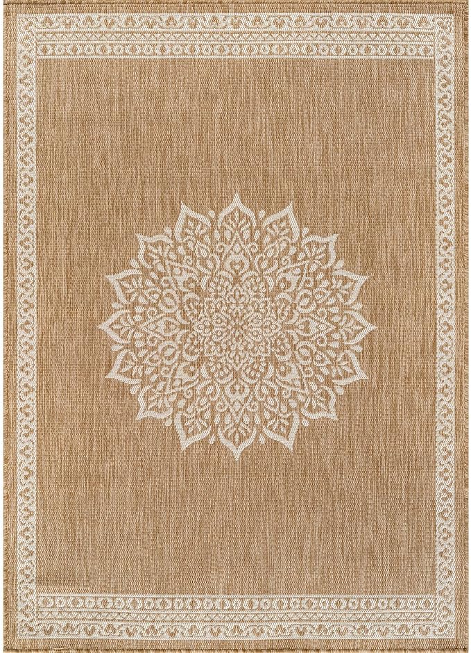CAMILSON Outdoor Rug 6x9 Medallion Natural Modern Area Rugs for Indoor and Outdoor Patios Kitchen and Hallway Mats Washable Porch Deck Outside Carpet (Medallion Natural 6 x 9)