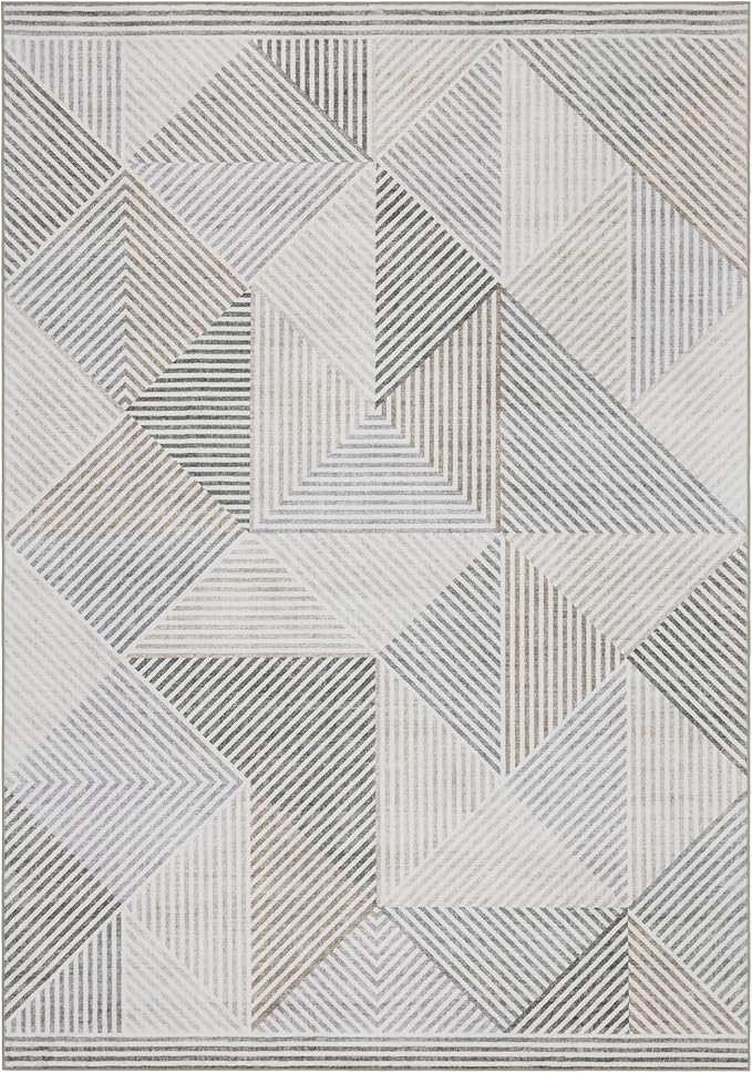 ReaLife Rugs Machine Washable Area Rug - Living Room Bedroom Bathroom Kitchen Entryway Office - Padded Crease Free Stain Resistant Premium - Modern Geometric Contemporary- Miles- Beige - 2'x 3'