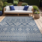Beverly Rug Waikiki Boho Indoor Outdoor Rug 9x12, Washable Outside Carpet for Patio, Deck, Porch, Bohemian Area Rug, Farmhouse Rugs, Aztec Tribal Rug, Azure and White