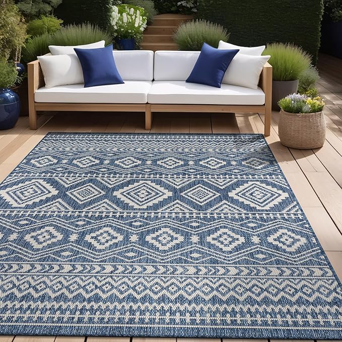 Beverly Rug Waikiki Boho Indoor Outdoor Rug 10x14, Washable Outside Carpet for Patio, Deck, Porch, Bohemian Area Rug, Farmhouse Rugs, Aztec Tribal Rug, Azure and White