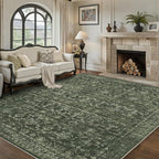Washable Area Rug 8x10 Green Rugs for Living Room, Vintage Boho Large Rug for Bedroom Dining Room Office, Distressed Floral Print Carpet for Under Table, Soft Non Slip Low Pile Throw Carpet Indoor Mat
