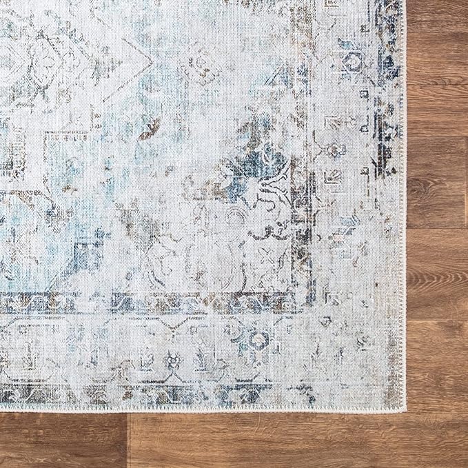 Bloom Rugs Washable Non-Slip 12 ft Runner - Beige/Blue Traditional Runner for Entryway, Hallway, Bathroom, and Kitchen - Exact Size: 2.5' x 12'