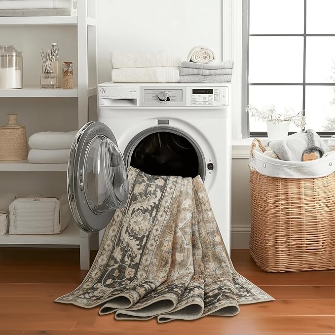 ReaLife Rugs Machine Washable Area Rug Runner - Living Room Bedroom Bathroom Kitchen Entryway Office - Padded Low Pile Stain Resistant Premium - Boho Farmhouse Vintage - BEV - Beige Tan Brown 3' x 5'