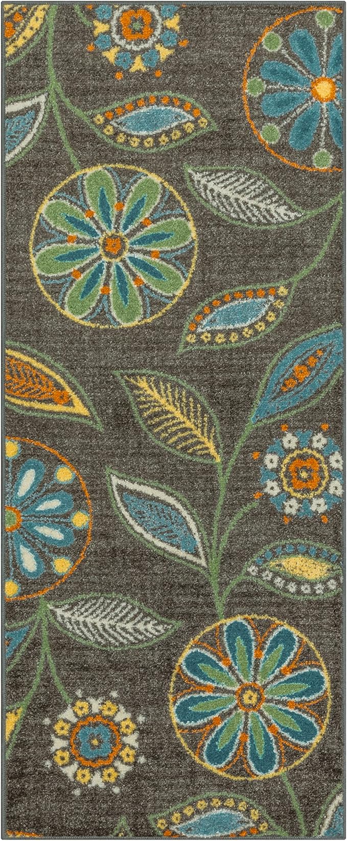 Maples Rugs Reggie Floral Runner Rug - Made in USA - Washable, Non Slip Indoor Carpet for Kitchen, Hallway, and Laundry Room, 2' x 5', Dark Grey