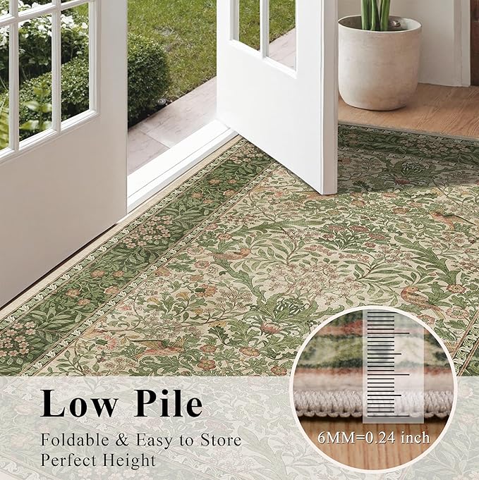 2x3 Floral Washable Area Rug for Entryway, Vintage Boho Rugs for Living Room Bedroom Dining Room, Botanical Birds Non Slip Low Pile Forest Animal Throw Carpet for Farmhouse Office, Retro Pink/Green
