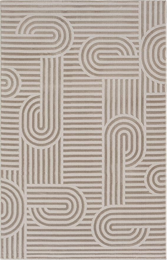 Annabel Modern Geometric Area Rug for Living Room, 4x6 Contemporary Arched Linear Beige Neutral Rug, Stain Resistant Non-Shedding Carpet for Bedroom, Dining Room or Kitchen (4' x 6', Beige)