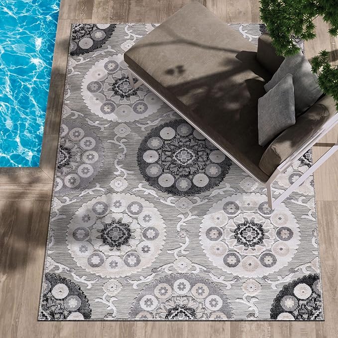 CAMILSON Indoor Outdoor Rug 6x9 Bohemian Medallion Floral Area Rugs for Indoor and Outdoor Patios Easy-Cleaning Non-Shedding Living Room Garden and Kitchen Washable Outside Carpet (6 x 9 / Gray)