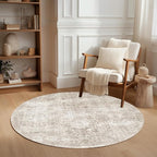 FMFUNCTEX 4ft Round Washable Area Rug Beige Vintage Neutral Distressed Small Non Slip Carpet for Living Room Bedroom Soft Low Pile Indoor Mat Retro Floral Throw Rug for Dining Room Kitchen Office