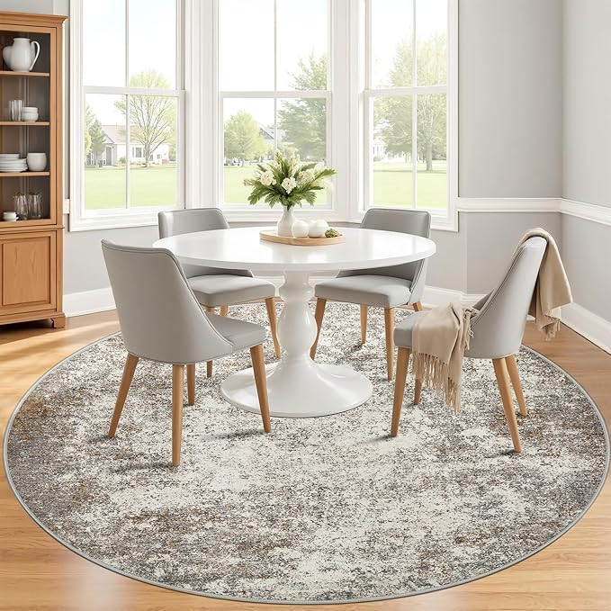 6ft Washable Round Rug - 6x6 Area Rugs Modern Abstract Rugs for Living Room Non-Slip Low Pile Soft Machine Washable Carpet for Bedroom, Living Room, Dining Room, Nursery, Farmhouse (6'x6' Brown Grey)