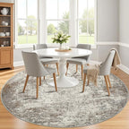 8ft Washable Round Rug - 8x8 Area Rugs Modern Abstract Rugs for Living Room Non-Slip Low Pile Soft Machine Washable Carpet for Bedroom, Living Room, Dining Room, Nursery, Farmhouse (8'x8' Brown Grey)