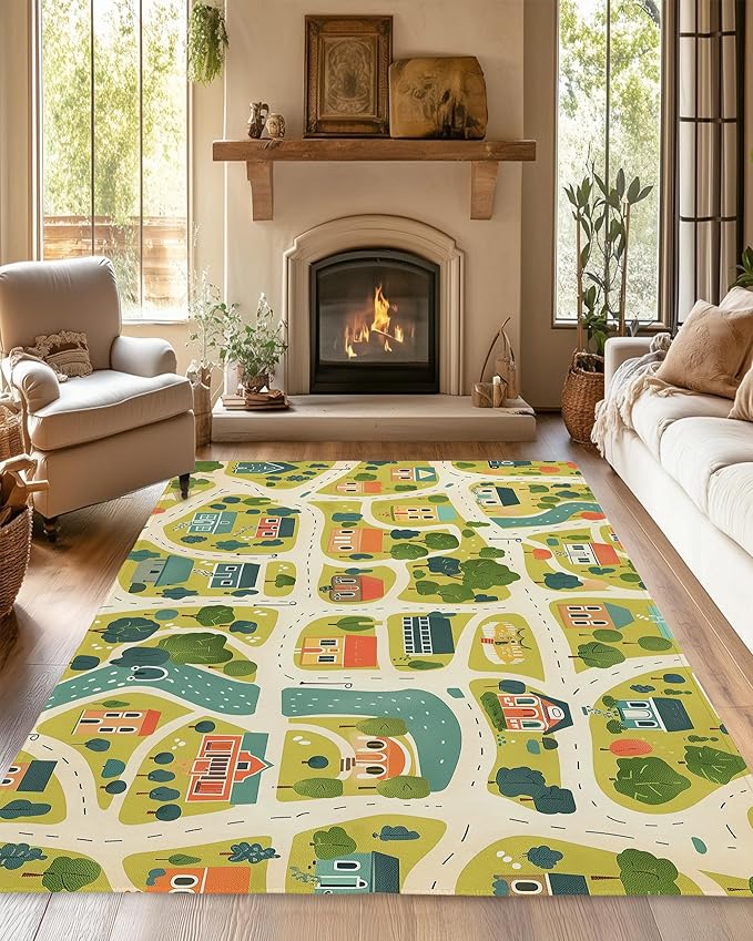 Cute Map Cars Washable 5x7 Area Rugs for Living Room, Thin Low Pile Contemporary Carpet, Non-Slip Base Lightweight Rug