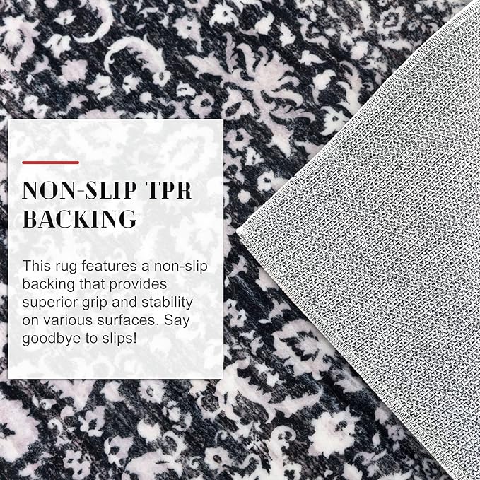 Vintage Floral 3x5 Rug, Black and White Entryway Rug Small Area Rug Washable Non-Slip Throw Rug, Thin Printed Faux Wool Low-Pile Kitchen Rugs Super Soft Capet for Entrance Bedroom Office