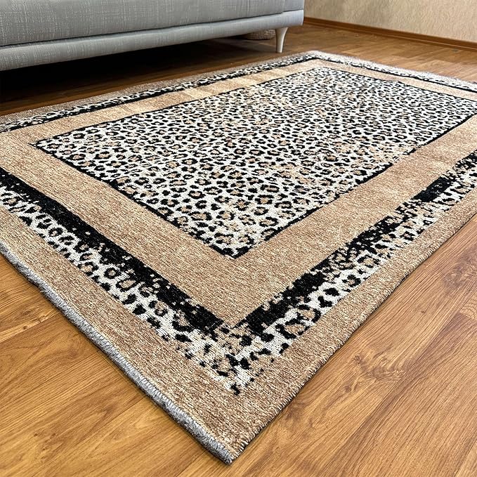 Alfa Rich 5x8 Leopard Beige Black Washable Area Rugs for Living Room Bedroom Reversible Cotton Rug