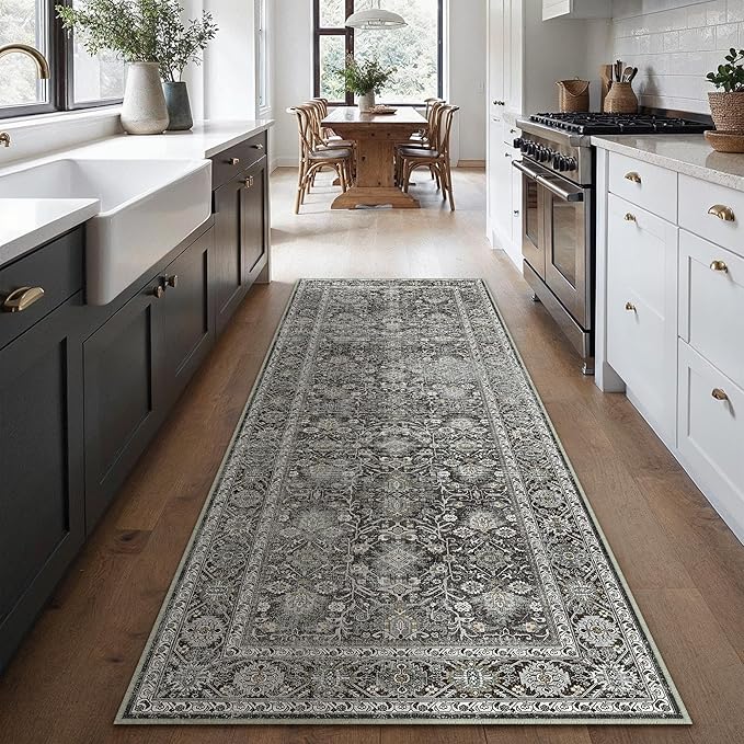 Black Runner Rug 2x7 Vintage Area Carpet Hallway Long Indoor Kitchen Washable Living Room Low Pile Traditional Distressed Retro Accent Throw Rug Non Slip Laundry Bathroom Office Dining Room