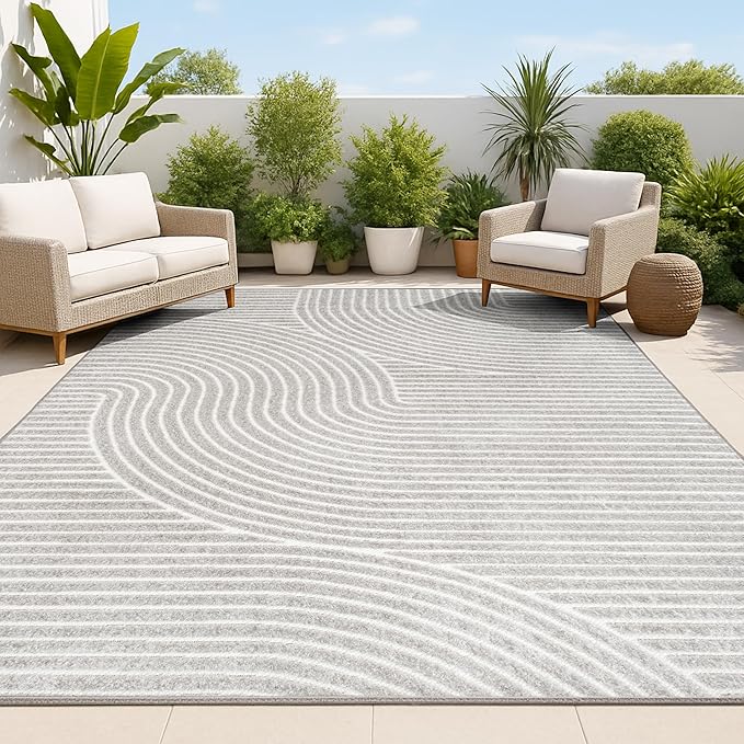 JONATHAN Y Hallie High-Low Curve Gray/Ivory Indoor/Outdoor Area Rug, 12x15, Minimalist, Pet Friendly, Non-Shedding, Stain Resistant, Hose-Washable for Backyard, Patio, Porch (SCN100A-15)
