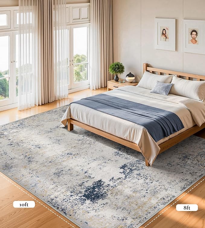 8x10 Area Rugs Machine Washable - Modern Abstract Large Rugs for Living Room Soft Anti-Skid Thin Carpet for Bedroom, Under Dining Table, Nursery, Farmhouse,Home Office (8'x10' Beige Blue)