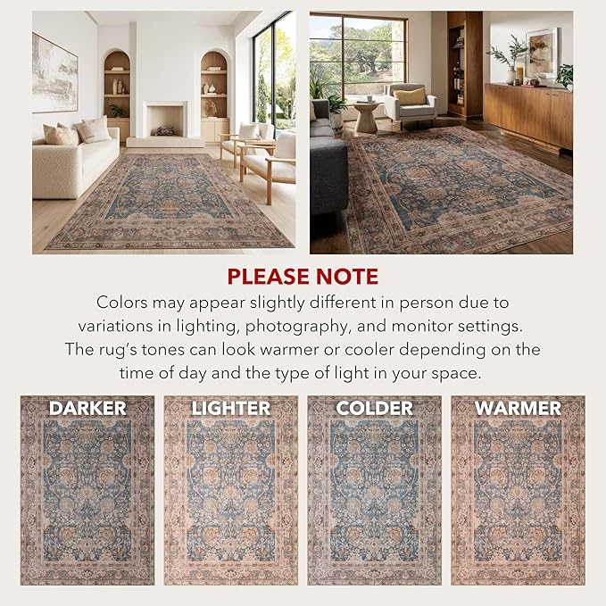 Kuden 4x6 Area Rug, Machine Washable Area Rug with Non-Slip Backing, Vintage Style, Soft, Easy Clean, Low Pile Rug for Living Room, Bedroom, Dining Room