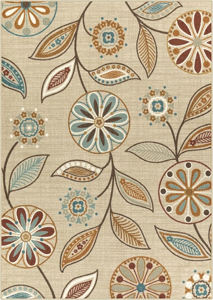 Maples Rugs Reggie Floral Area Rug - Made in USA - Low Pile, Non Slip, Pet-Friendly Mat for Living Room, Bedroom, and Office, 7' x 10', Beige