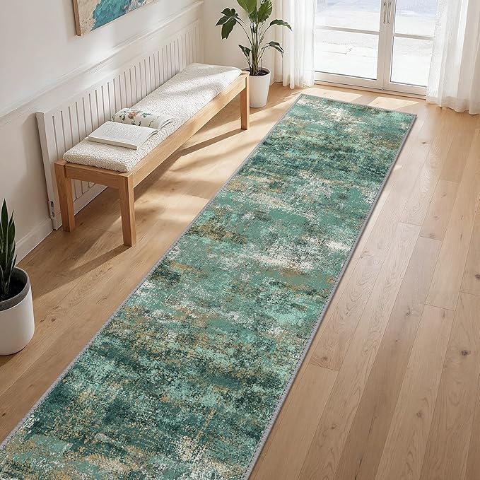 GENIMO Runner Rug Non Slip 2'6"x10', Washable Rug Runner for Hallways Kitchen, Abstract Modern Kitchen Rugs, Low Pile Lightweight Carpet Runners for Entryway, Bedroom, Laundry, Turquoise