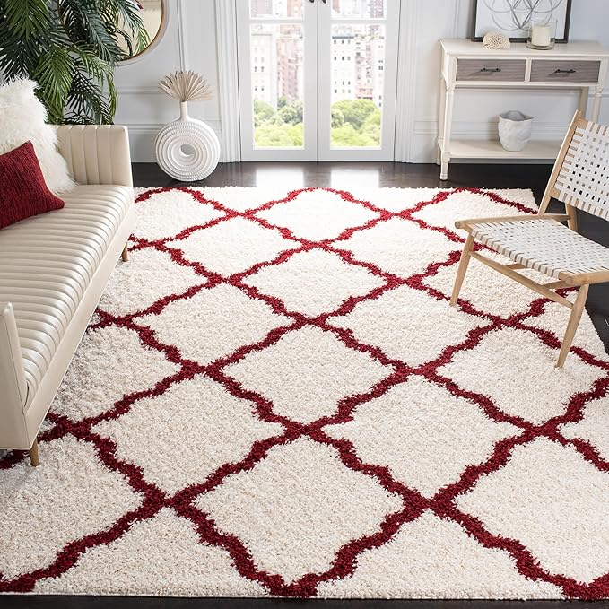 SAFAVIEH Area Rug 8x10 - Dallas Shag Collection - Large - Ivory & Red, Trellis Pattern, Non-Shedding & Easy Cleaning, Plush Thick Pile, Ideal for Living Room, Bedroom, Dining Space (SGD257R)