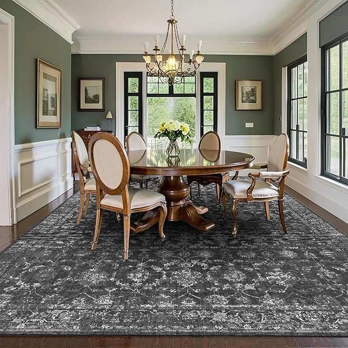 Washable Area Rug 8x10 Black Rugs for Living Room, Vintage Boho Large Rug for Bedroom Dining Room Office, Distressed Floral Print Carpet for Under Table, Soft Non Slip Low Pile Throw Carpet Indoor Mat