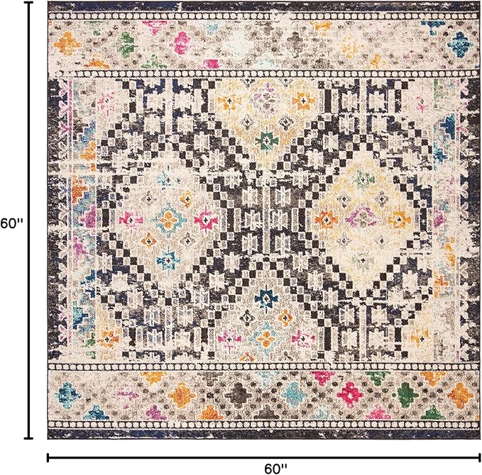SAFAVIEH Madison Collection Area Rug - 5' Square, Black & Yellow, Boho Diamond Distressed Design, Non-Shedding & Easy Care, Ideal for High Traffic Areas in Living Room, Bedroom (MAD418Z)