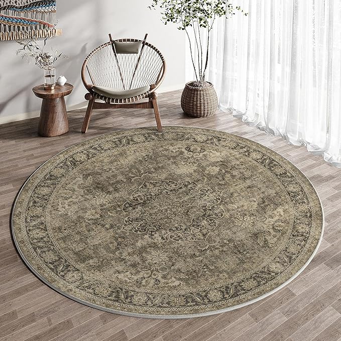 8x8 Washable Brown Round Rug Vintage Living Room Bedroom Circle Rug Non-Slip Soft Low Pile Distressed Indoor Carpet for Kitchen Dining Room Office