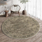 8x8 Washable Brown Round Rug Vintage Living Room Bedroom Circle Rug Non-Slip Soft Low Pile Distressed Indoor Carpet for Kitchen Dining Room Office