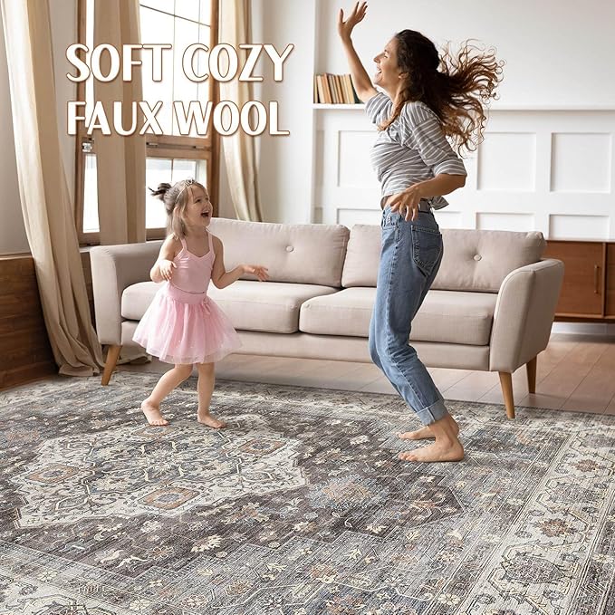 8x10 Area Rugs Living Room: Washable Boho Large Neutral Vintage Soft Rug Stain Resistant Farmhouse Non-Slip Indoor Floor Carpet for Bedroom Nursery Kids Office Dining Room Playroom- Grey Brown