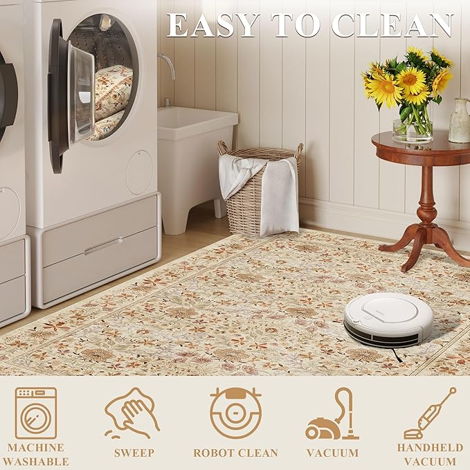 DUKINO 2x3 Entryway Rug, Floral Washable Area Rug with Non Slip Indoor Door Mat, Vintage Low Pile Small Front Door Throw Carpet for Kitchen, Entrance, Bathroom, Bedroom, Beige