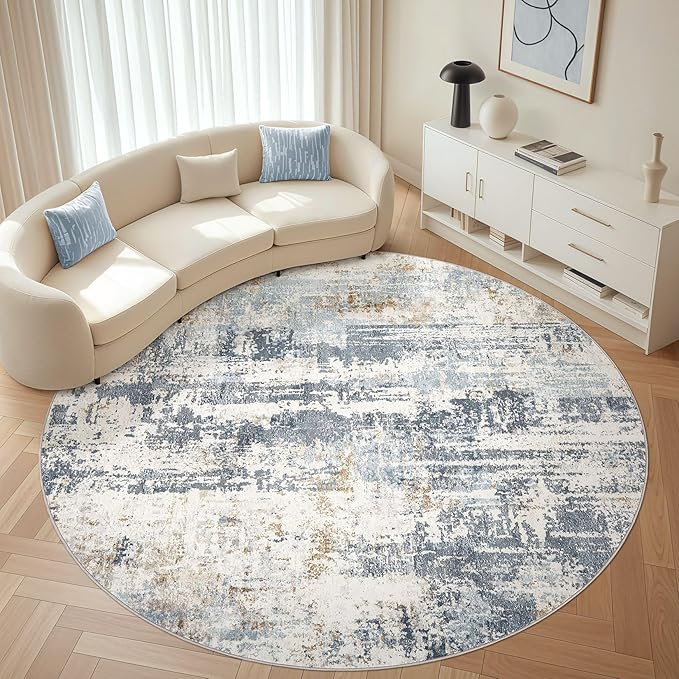 Round Rug Living Room Rugs: 8Ft Washable Circle Large Abstract Modern Soft Stain Resistant Non Slip Indoor Floor Carpet for Bedroom Nursery Office Dining Room Dorm Home House Decor- Light Blue