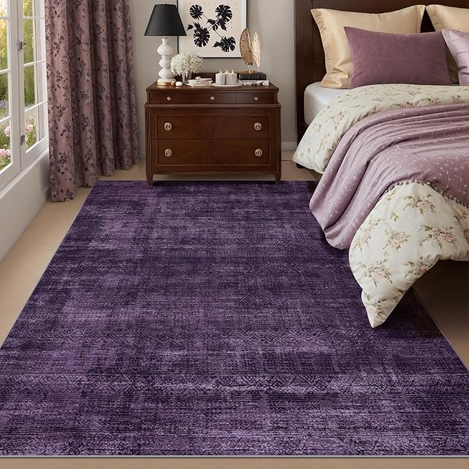 Kokia Abstract Area Rugs Washable Indoor 6x9 Rug Boho Distressed Retro Low Pile Non-Slip Non-Shedding Carpet Bedroom Living Room Dining Room, Purple Rug, Oslo Dusty