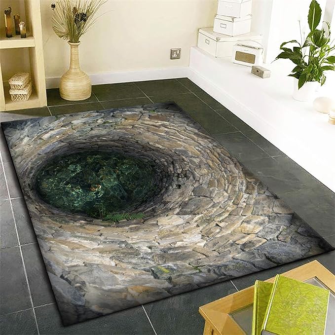 3D Hole Area Rug for Bedroom, 4x5ft, Visual Illusion Stone Cave Trap Design Home Decorative Rugs, Breathable Anti Skid Dirty Resistant Washable Soft Large Carpets for Family Indoor