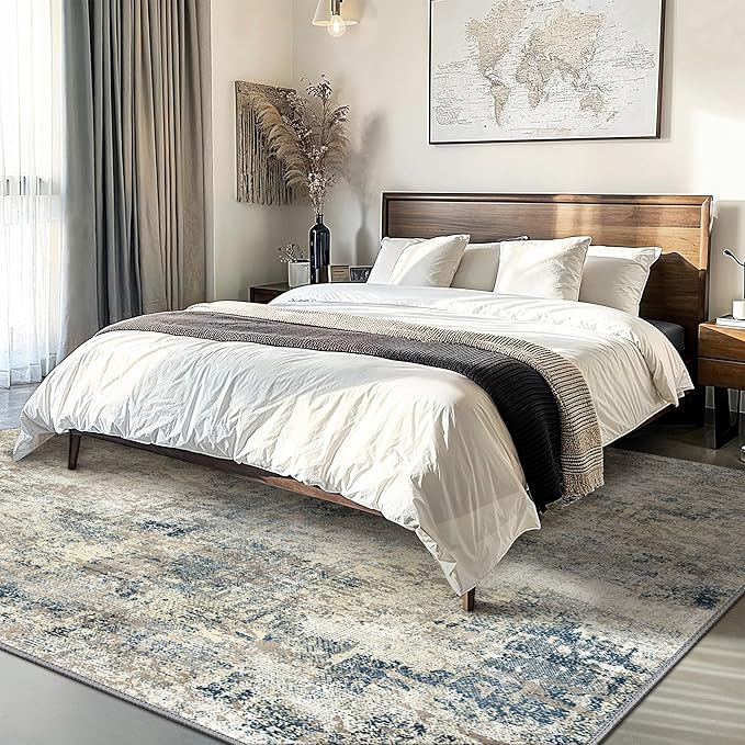 GENIMO Washable Area Rugs for Living Room, 9x12 Modern Non Slip Rugs, Low Pile Lightweight Soft Print Rug for Bedroom, Dining Room, Home Office, Blue Grey Beige