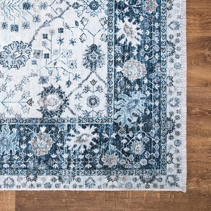 Bloom Rugs Caria Washable Non-Slip 8x10 Rug - Navy Blue Traditional Bordered Area Rug for Living Room, Bedroom, Dining Room, and Kitchen - Exact Size: 7'8" x 10'