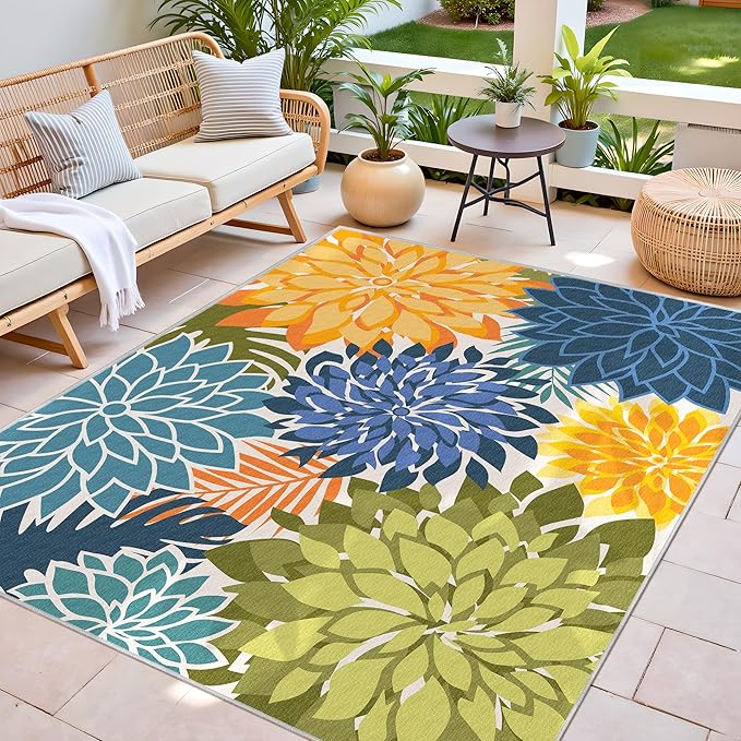 Colorful 9x12 Outdoor Area Rug Washable Multicolored Patio Rug Tropical Botanical Floral Chenille Waterproof Outdoor Carpet Non-Slip for Deck, Backyard, Porch, Green