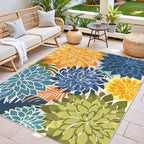 Colorful 9x12 Outdoor Area Rug Washable Multicolored Patio Rug Tropical Botanical Floral Chenille Waterproof Outdoor Carpet Non-Slip for Deck, Backyard, Porch, Green