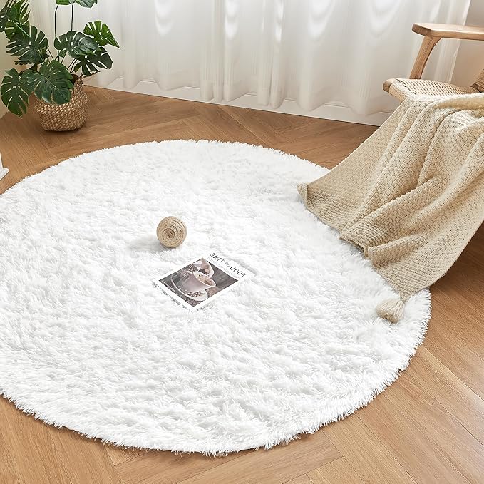 Andency White Round Area Rug for Living Room, Large Shag Circle Rug 7x7 for Bedroom, Fluffy Faux Fur Carpet for Room Home Decor, Circular Fuzzy Plush Rug for Playroom Dorm Home Decor